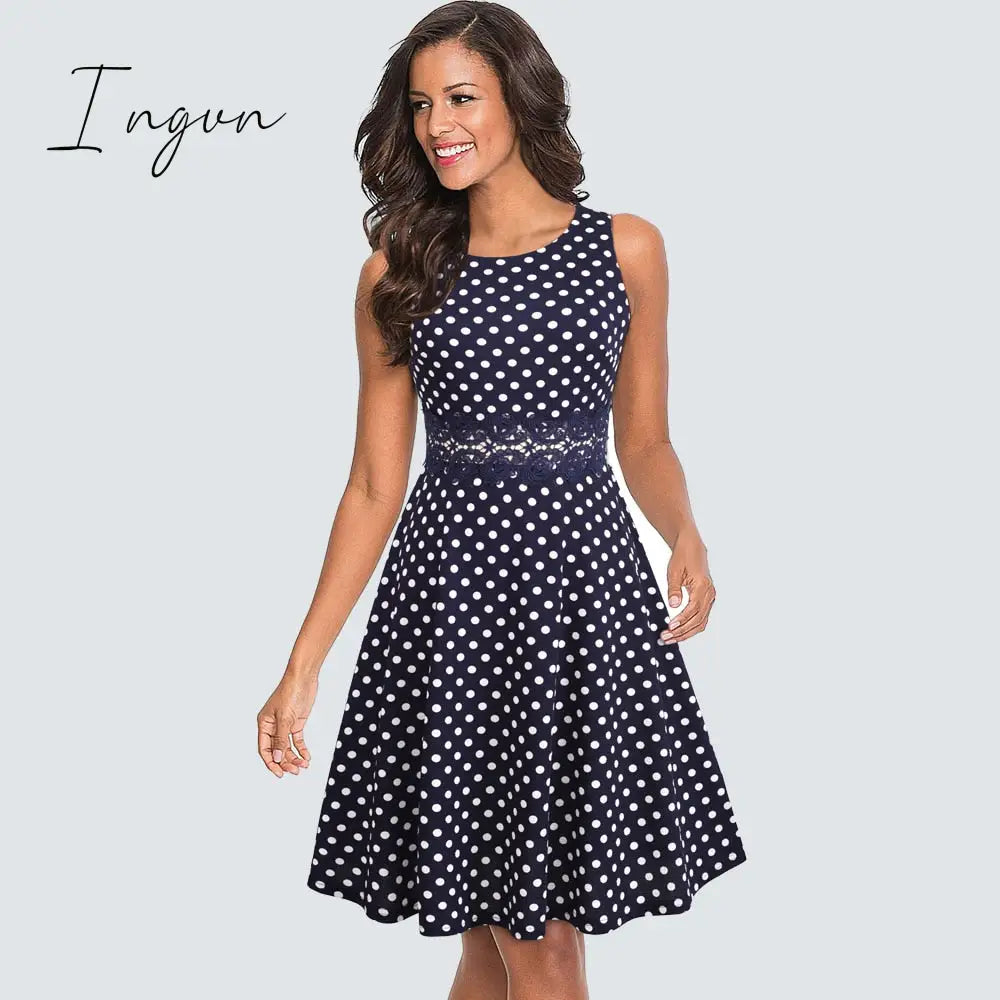 Ingvn - Women Vintage Casual Round Neck A line Summer Elegant Floral Lace Patchwork Sleeveless Tunic Party Swing Dress HA079