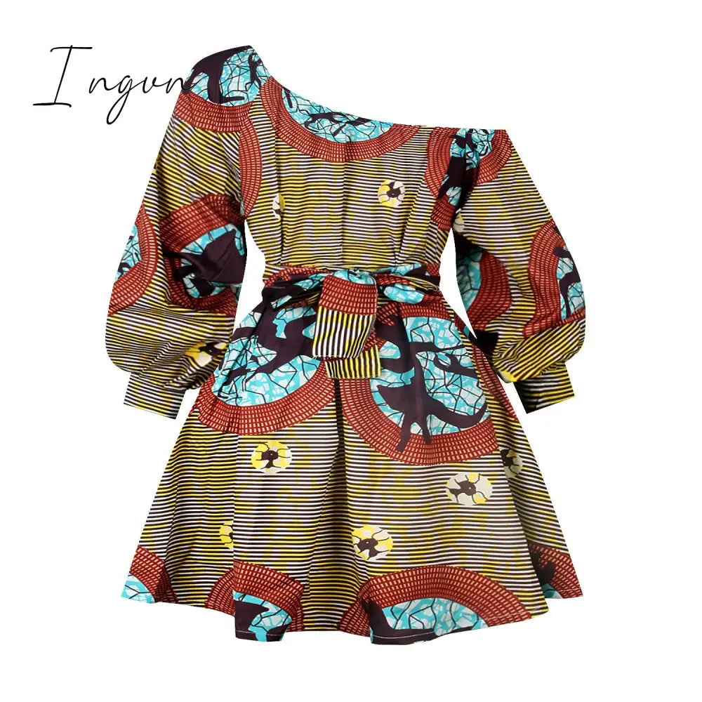 Ingvn - African Dresses for Women Full Sleeve Summer Tilting Shoulder Two Wear Dress Dashiki Print African Rich Bazin Top Maxi Clothes