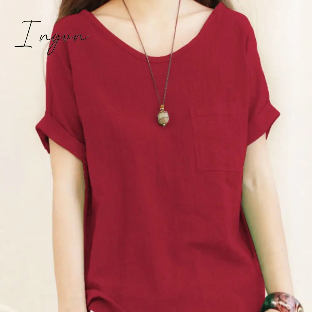 Ingvn - Green Loose Cotton Linen Blouse Oversize 5XL Blouses Women 2023 Summer Shirts Casual Short Sleeve O Neck Solid Shirt Lady Tops
