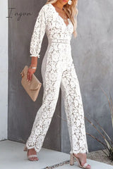 Ingvn - Embroidery Lace V Neck Regular Jumpsuits