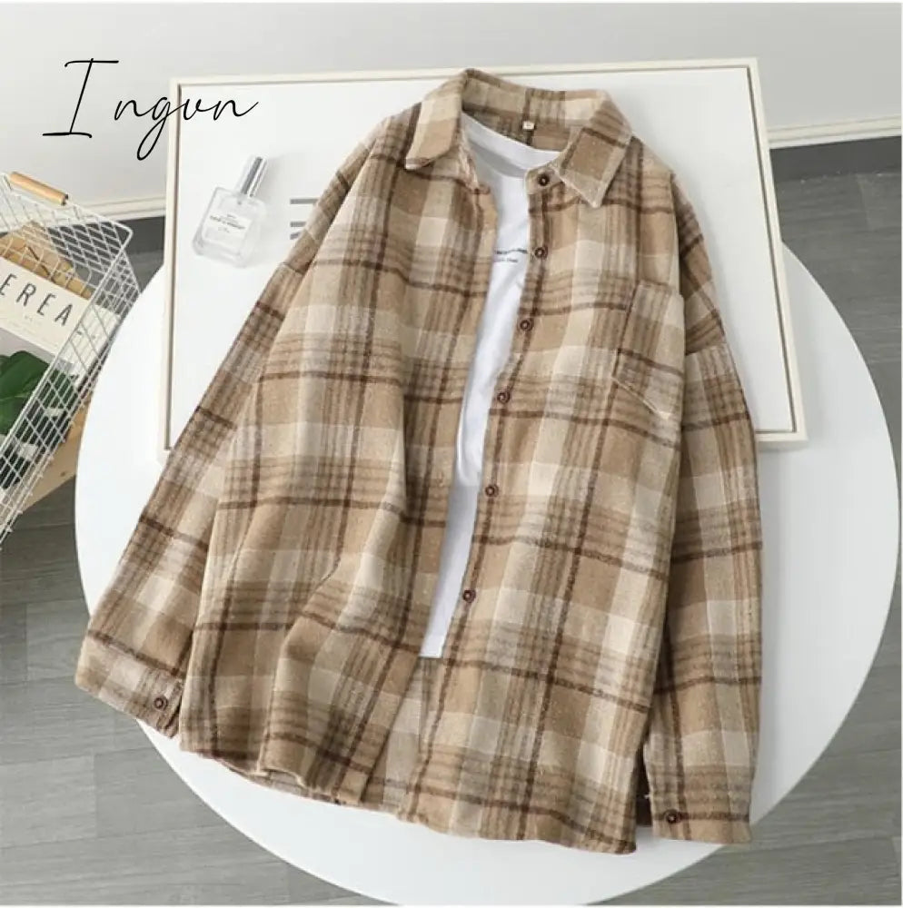 Ingvn - Blouse Women Woolen Plaid Coat Plaid Shirt for Women Thickened Long Sleeve Top Shirt Blusas Ropa De Mujer