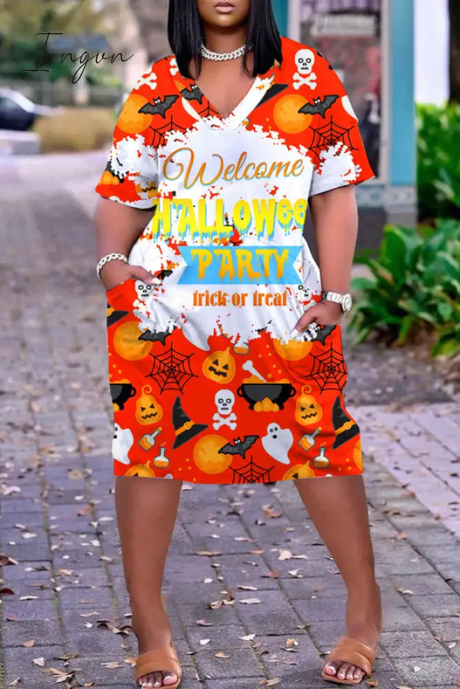 Ingvn - Dark Blue Yellow Casual Print Basic V Neck Short Sleeve Dress