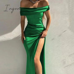 Ingvn - Summer Off Shoulder Elegant Sexy High Slit Evening Dresses Women Fashion Solid Slim Prom Party Dress Vestido Feminino Robe Femme