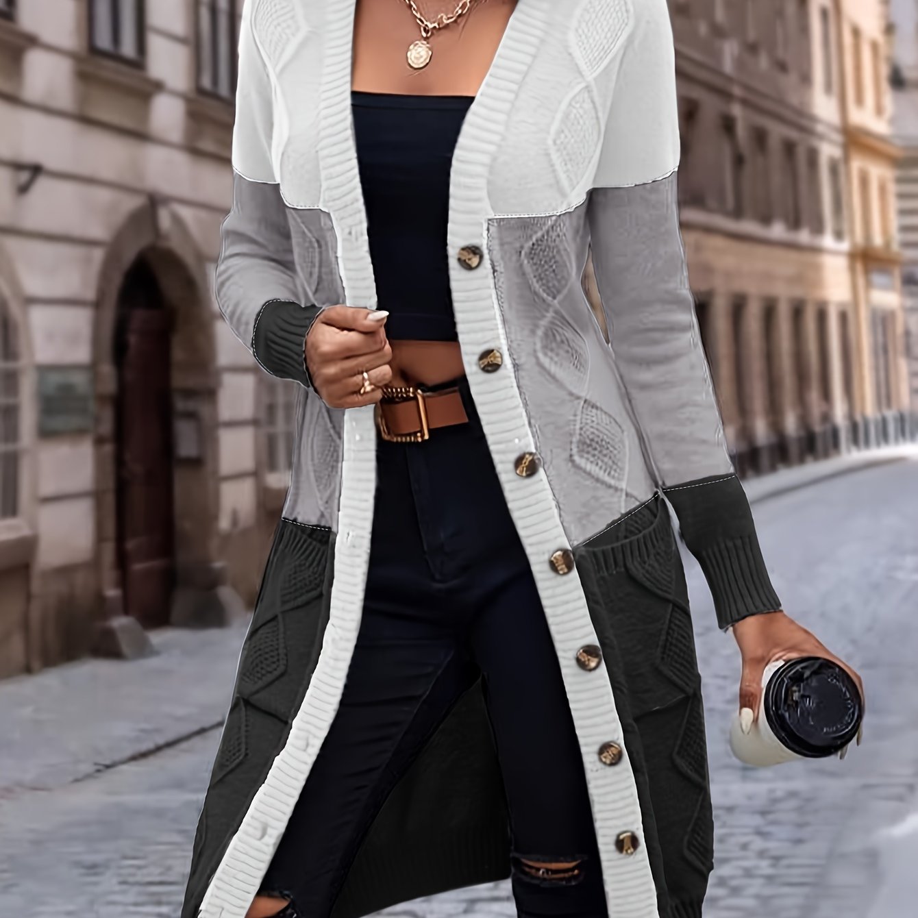 Womens Color Block Cardigan Sweater - Soft Knit, Button Up, Long Sleeve with Pockets - Stylish Casual Wear for Everyday
