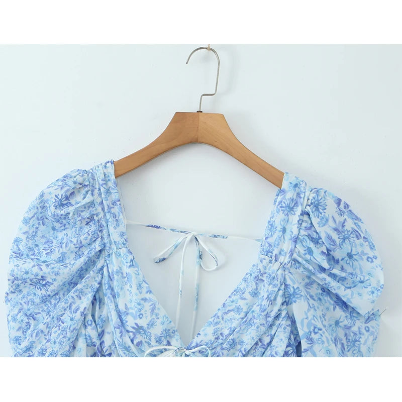 Lace Spliced Blue Floral Print Summer Dress Women Sexy Backless V Neck A-line Mini Dresses Holiday Vestido Boho Robe