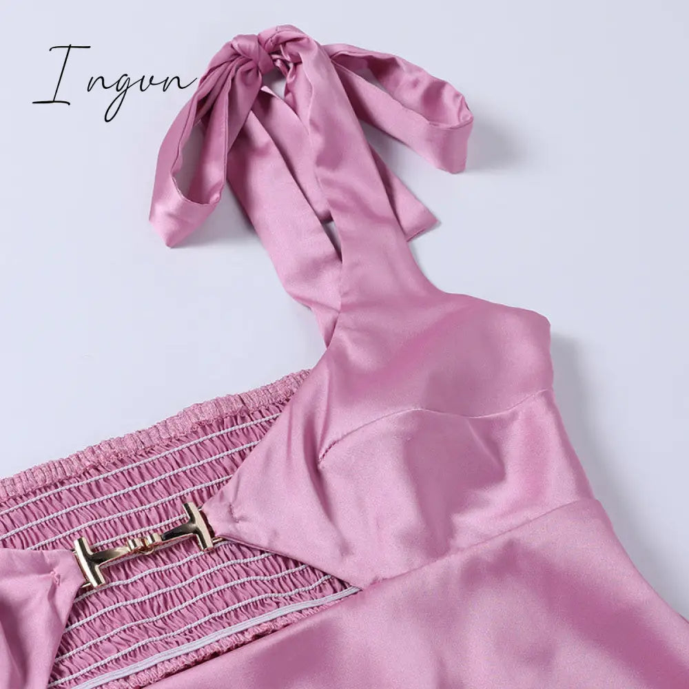 Ingvn - Women Clothing Sexy Temperament Commuter Solid Color Bandage One-neck Dress Spring and Summer New French Satin Mini Skirt