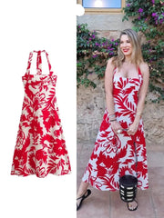 Elegant Woman Slim Backless Beach Party Long Dress Women Back Zipper Red Print Splicing Decorate Halter Neck Dress