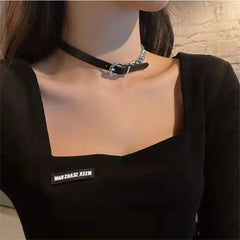 INGVN  Kpop Black Leather Choker Stainless Steel Cuban Clavicle Chain Collar For Women New Goth Ladies Jewelry Wholesale
