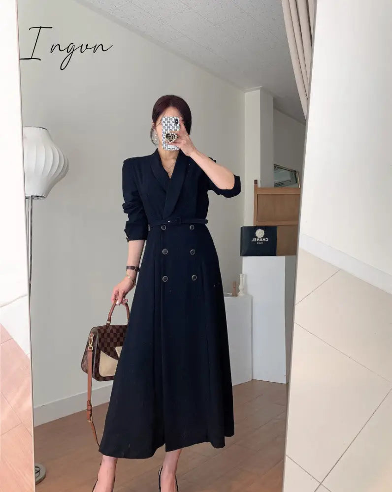 Ingvn - New French Spring Elegant Double Breasted Belted Sashes Women Suit Dress Autumn Office Long Sleeve Slim Waist Female Dress