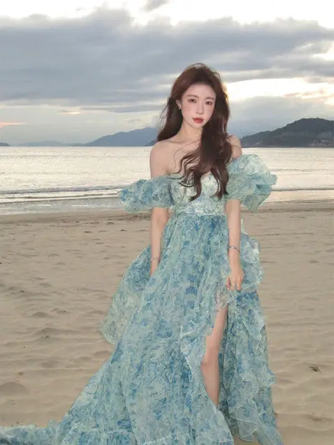 Floral Print Evening Party Dress Women Puff Sleeve Elegant Princess Long Dres Ladies France Vintage Open Fork Dress Summer