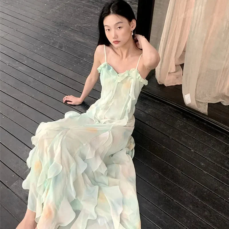 French Style A- Line Dress Slimming Beach Vacation Halter Long Skirt Summer Wear Sleeveless Design Sensation Women's Clothing
