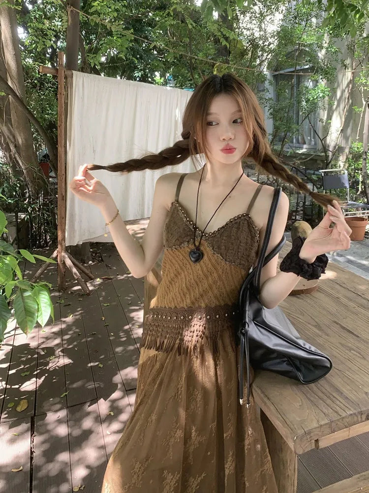 Korean style Ethnic Irgular Spaghettic Strap Fairy Boho Hippie Dress Women Tassel Mesh Stitching Spice Summer Beach Slim Dress