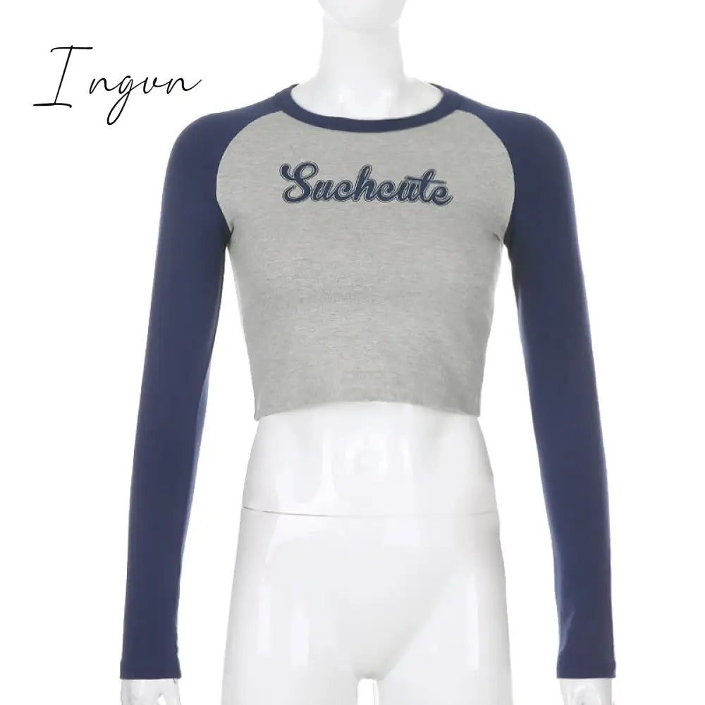 Ingvn - Patchwork Letter Print Casual Cotton Tshirt Women Fashion Long Sleeve Cropped T-shirt Ladies Skinny Basic Streetwear