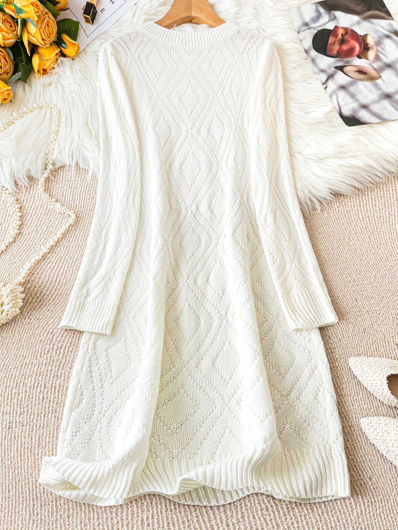 Casual Chic Solid Sweater Dress - Cozy Acrylic Knit, Comfort Fit Crew Neck for Stylish Women's Fall/Winter Wardrobe