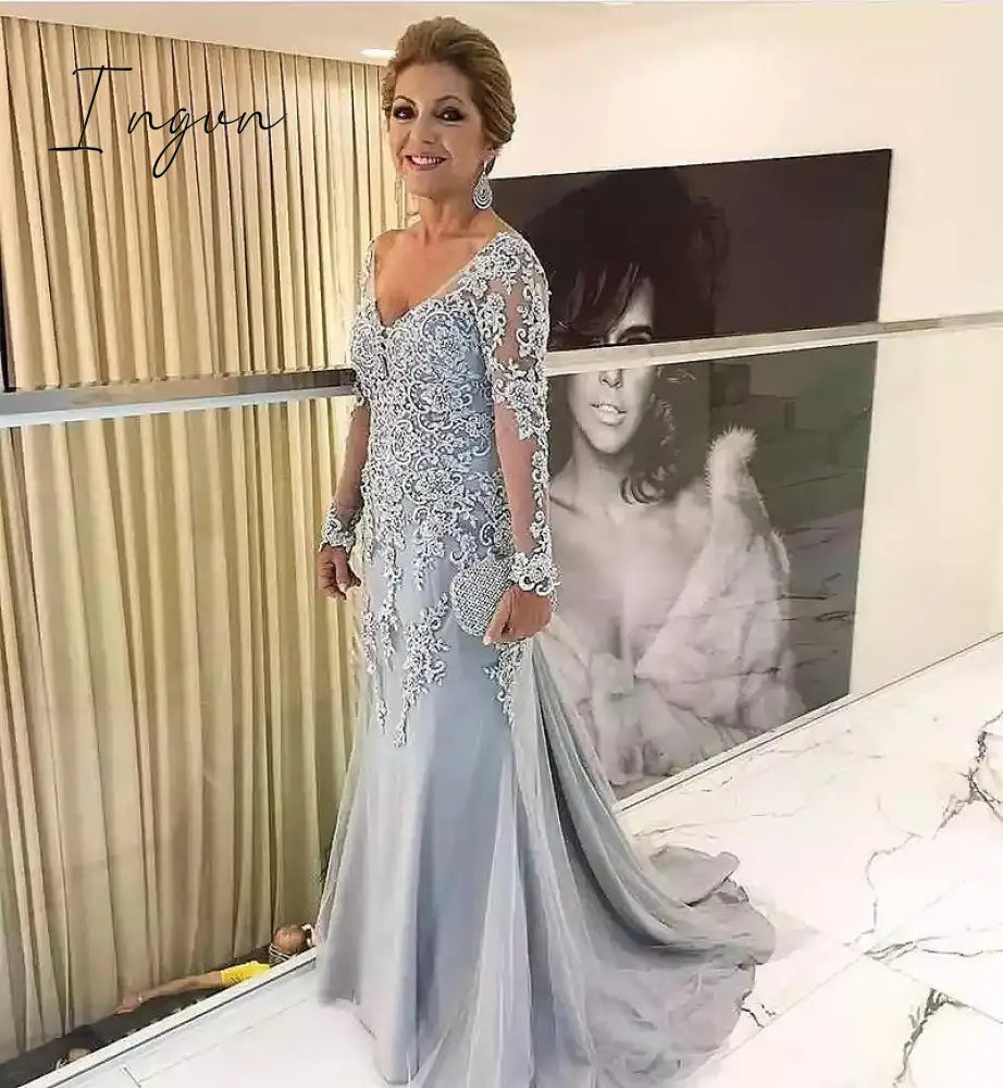 Ingvn - Elegant Silver Long Sleeves Mother Of The Bride Clothes V Neck Bride Patin Evening Dress Wedding Party Guest Clothes New