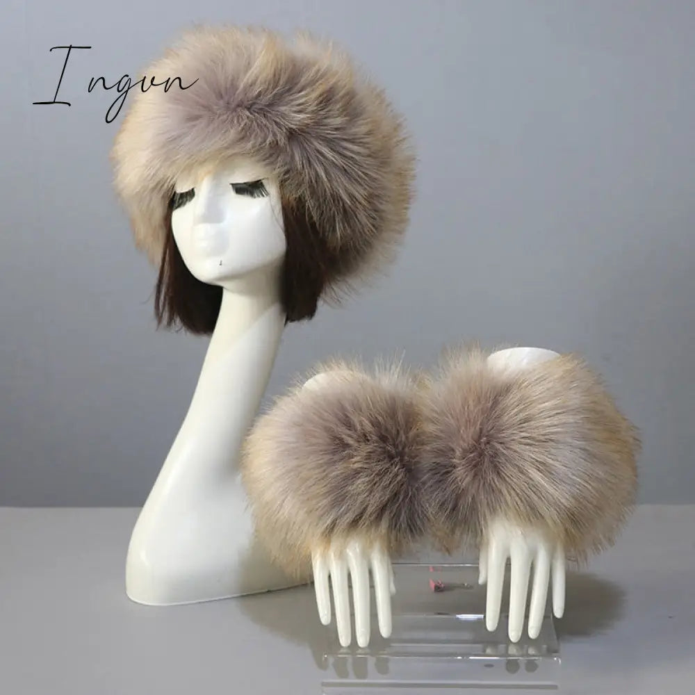 Ingvn - New Autumn Winter Caps Female Hats Cuffs Set Fashion Warmth Imitation Quality Design Faux Fur Hat Fox Fur Sleeves Suit Accessary