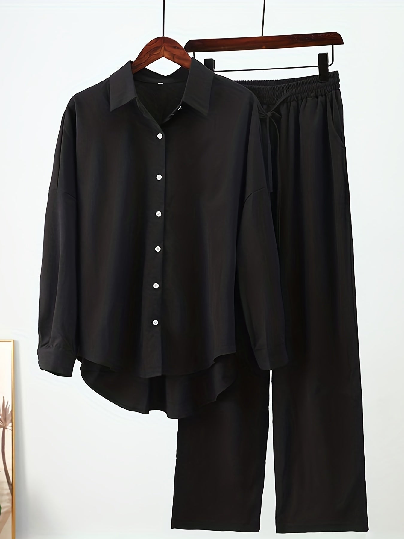 Plus Size Casual Outfits Two Piece Set, Women's Plus Solid Button Up Long Sleeve Turn Down Collar Blouse & Elastic Drawstring Wide Leg Pants Outfits 2 Piece Set