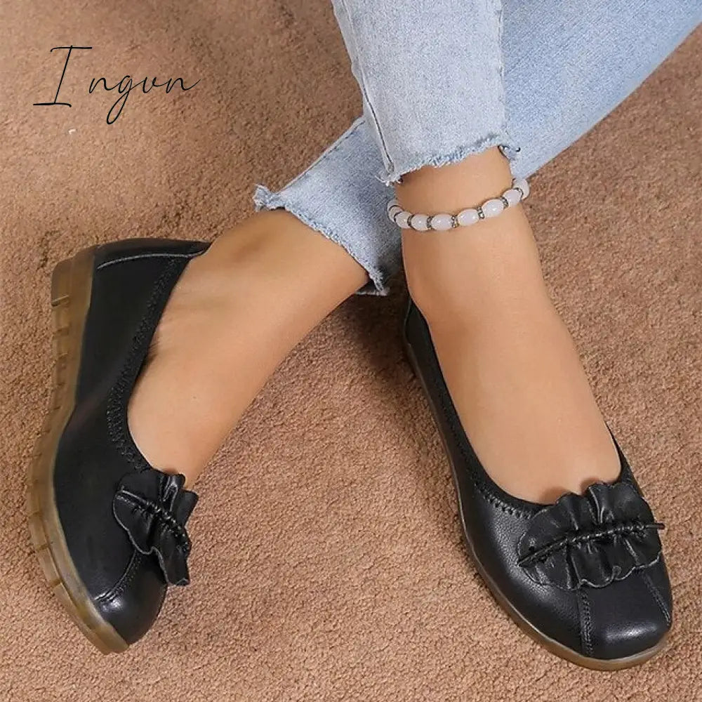 Ingvn - Women's Flats Ballerina Mary Jane Work Daily Bowknot Flat Heel Round Toe Casual Comfort Walking Shoes PU Loafer Floral Black Apricot