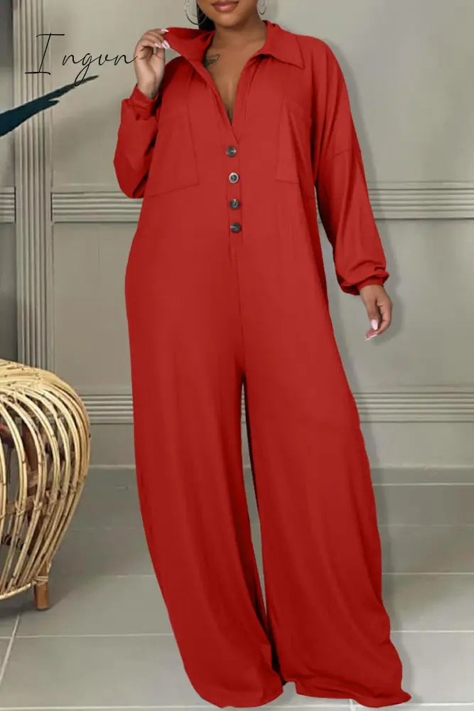Ingvn - Red Casual Solid Patchwork Pocket Buckle Turndown Collar Plus Size Jumpsuits