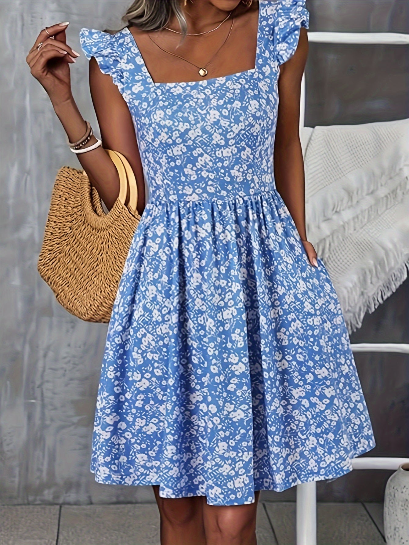 Floral Print Square Neck Patched Pockets Dress, Elegant Ruffle Sleeves Cinched Waist Dress For Spring & Summer, Women's Clothing