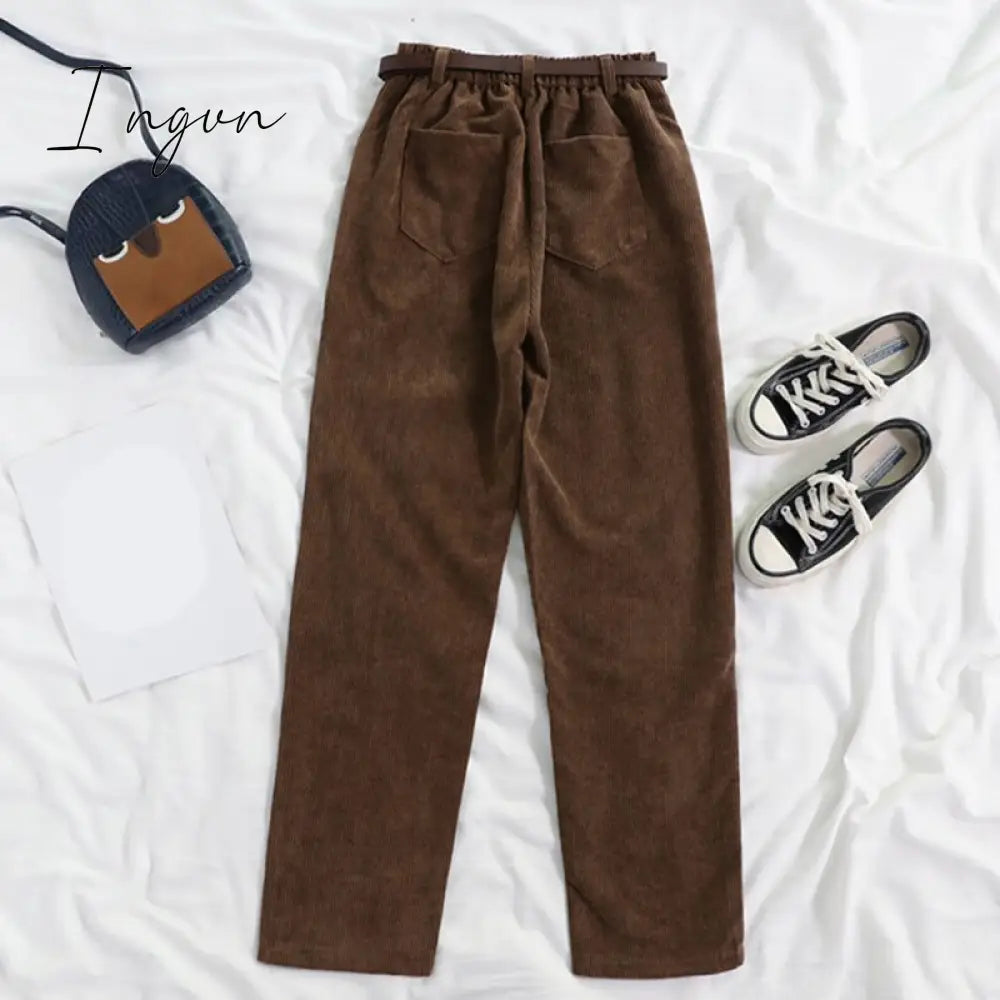Ingvn - High Waist Wide Leg Corduroy Long Pants with Belt