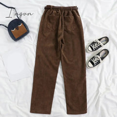 Ingvn - High Waist Wide Leg Corduroy Long Pants with Belt