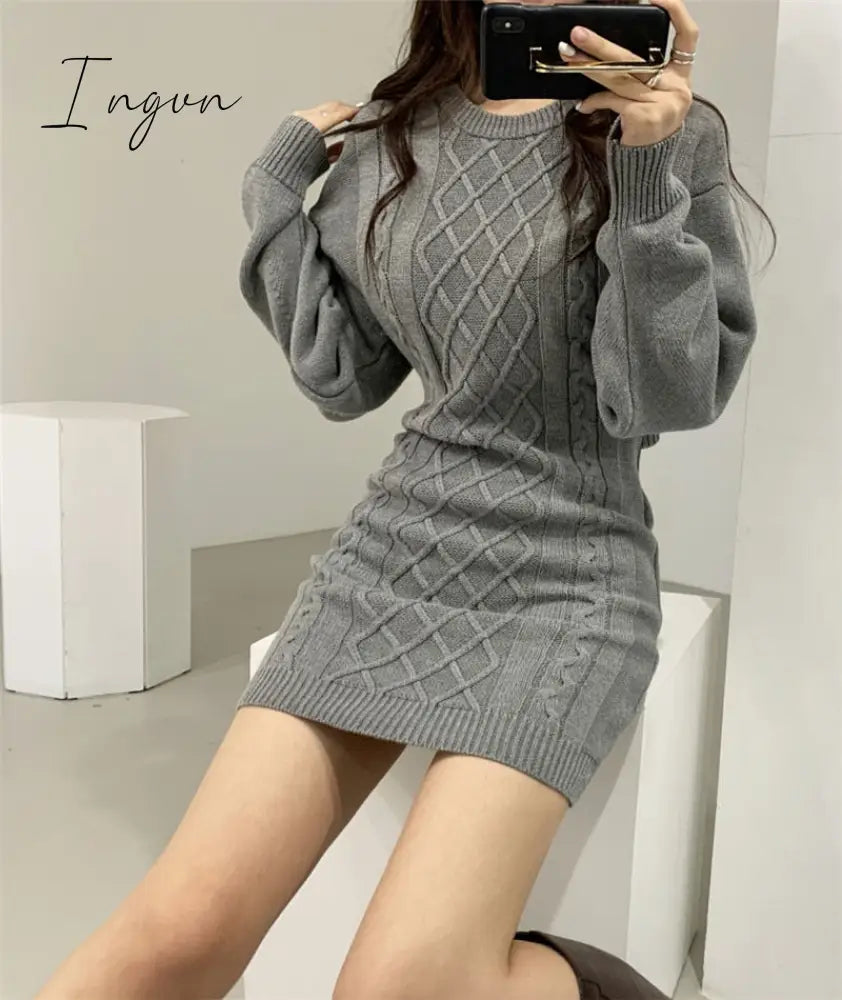 Ingvn - Fashion Hollow Out Waist Sweater Dress Women Autumn Winter High Elastic Twist Knitted Dress Casual Bodycon Mini Dress 3 Colors