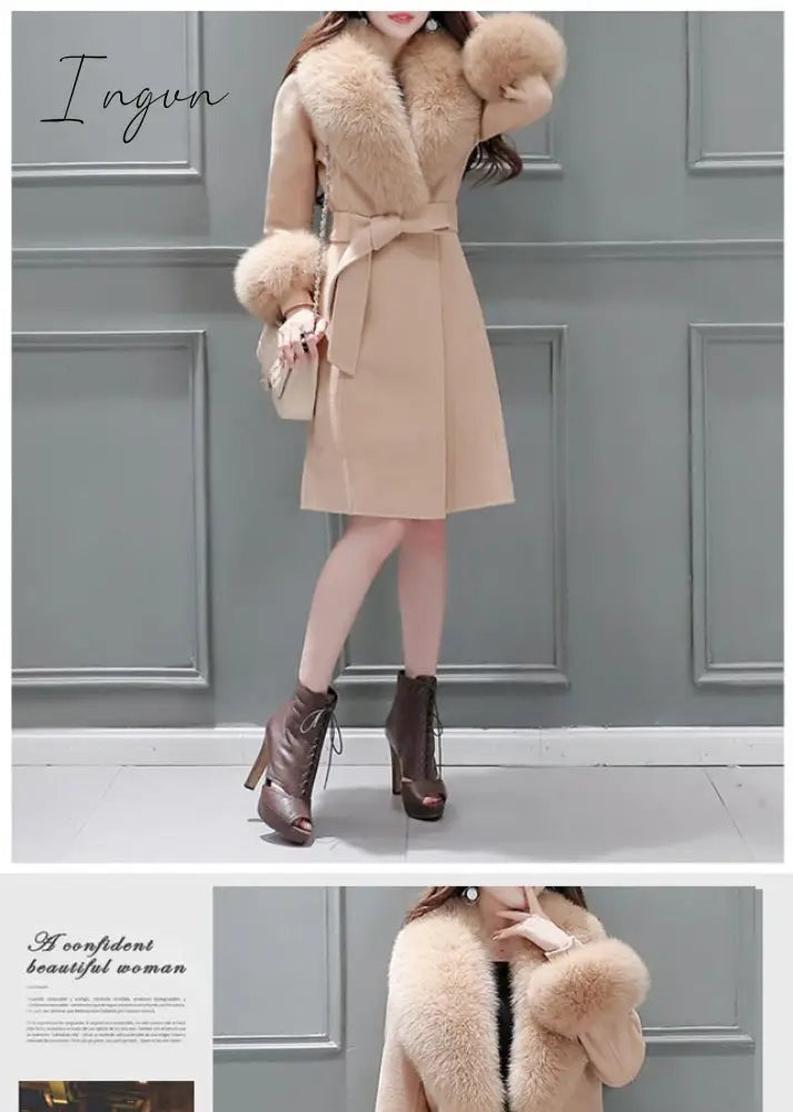 Ingvn - Fur Woolen Coat =New Women  Knee Mid-length Korean Fashion Big Fur Collar Beautiful Cloak Red Pink White Camel S To 3XL