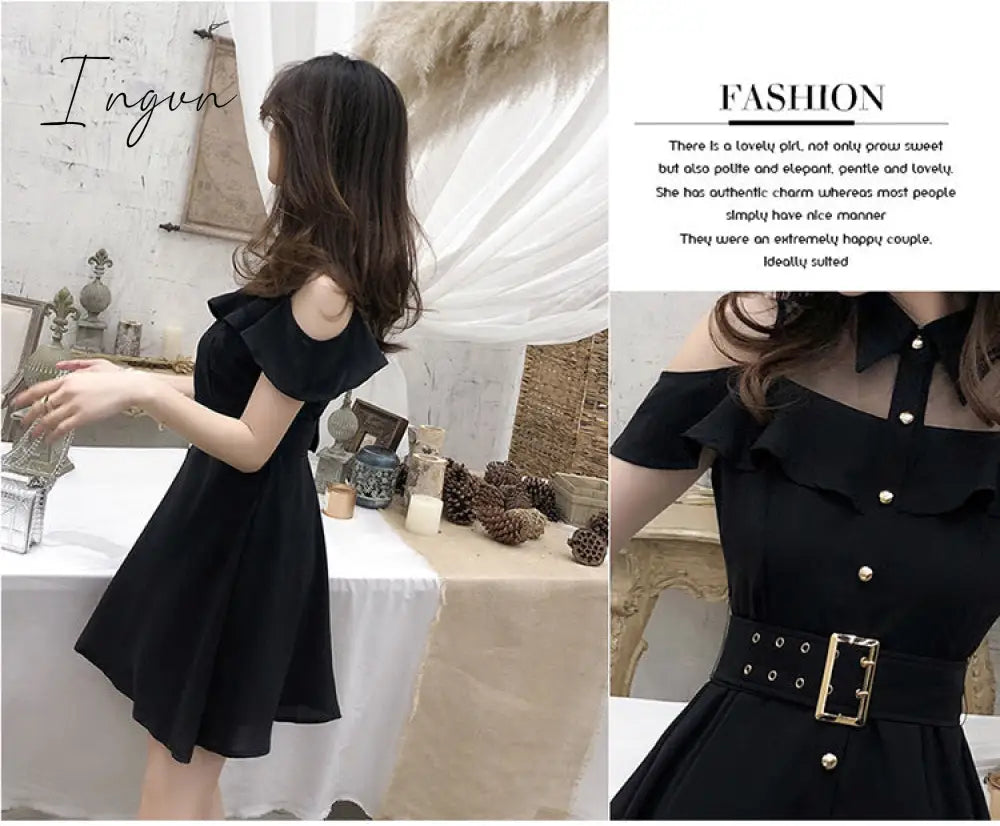Ingvn - Korean OL New Single Breasted Women Summer Dress Sweet Chic Black office work Short mini Dresses With Belt Vestidos jurken