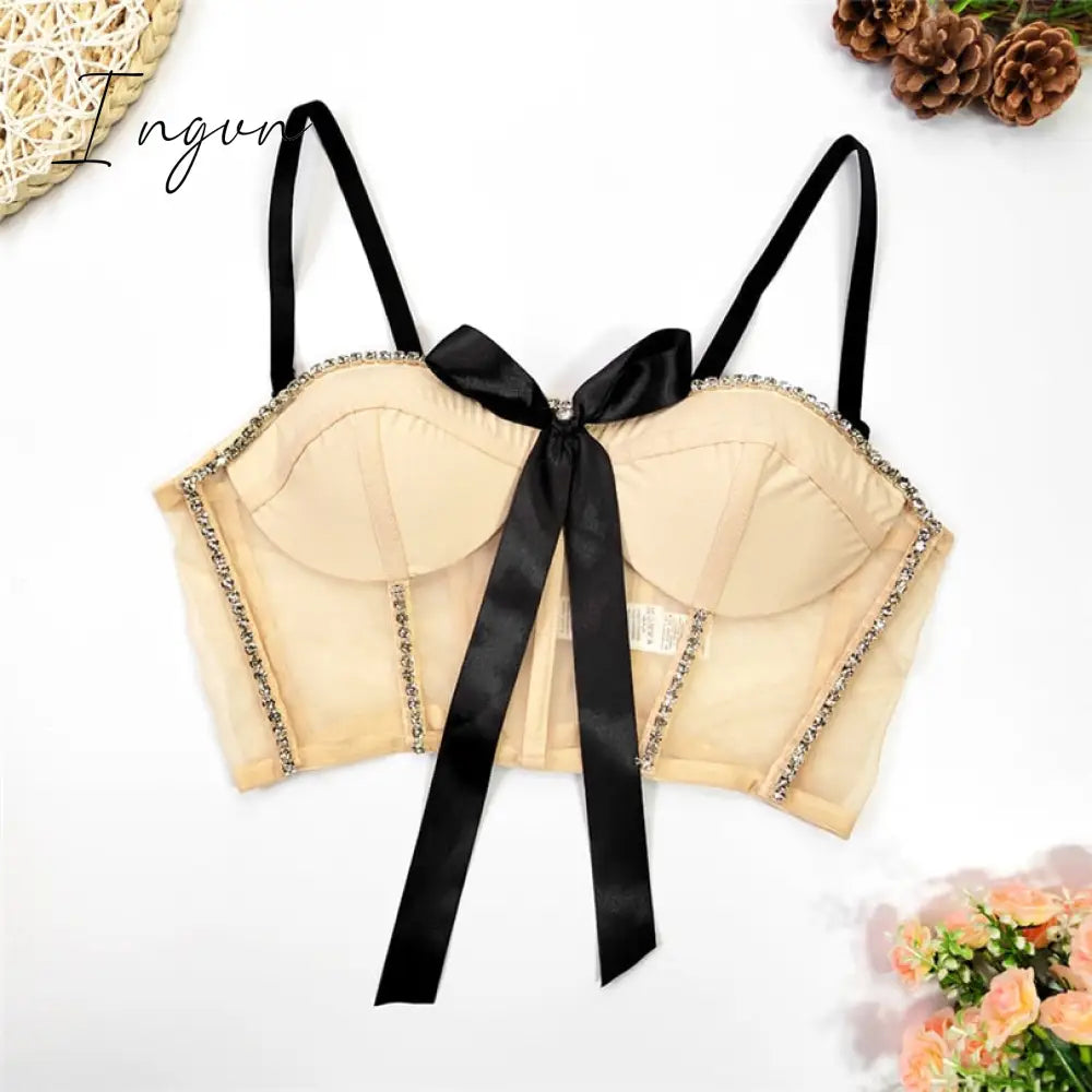 Ingvn - 2023 Summer Sexy Patchwork Diamond Vest For Women V Neck Sleeveless Black Tank Tops Female Summer Fashion New Clothing