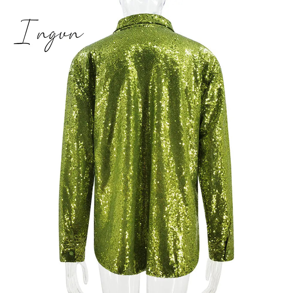 Ingvn - Turn-down Collar Bright Silk Women Blouses Red Long Sleeve Elegant Loose Blouses Women Spring Fashion Casual Streetwear Ingvn