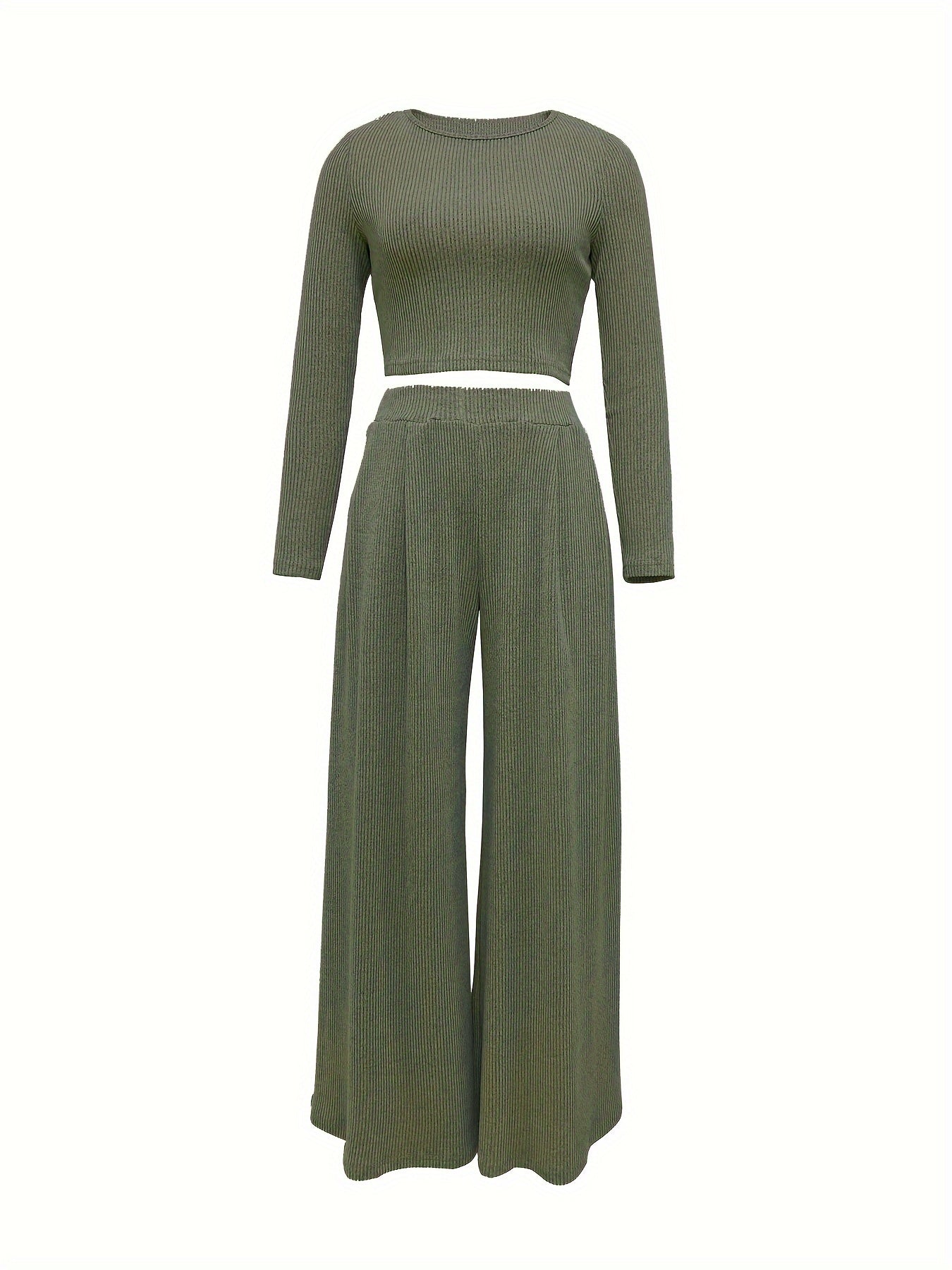 Chic Solid Two-Piece Set - Soft Knit Crew Neck Top & High Waist Wide Leg Pants - Comfortable Casual Outfit for Women
