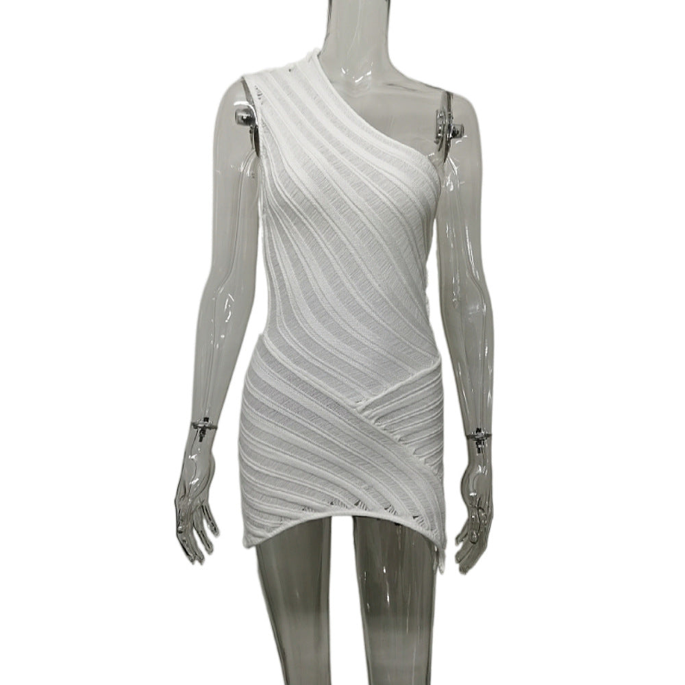 Summer cross-border explosion design sense stitching oblique shoulder hollow perspective solid color sexy knitted dress women's clothing