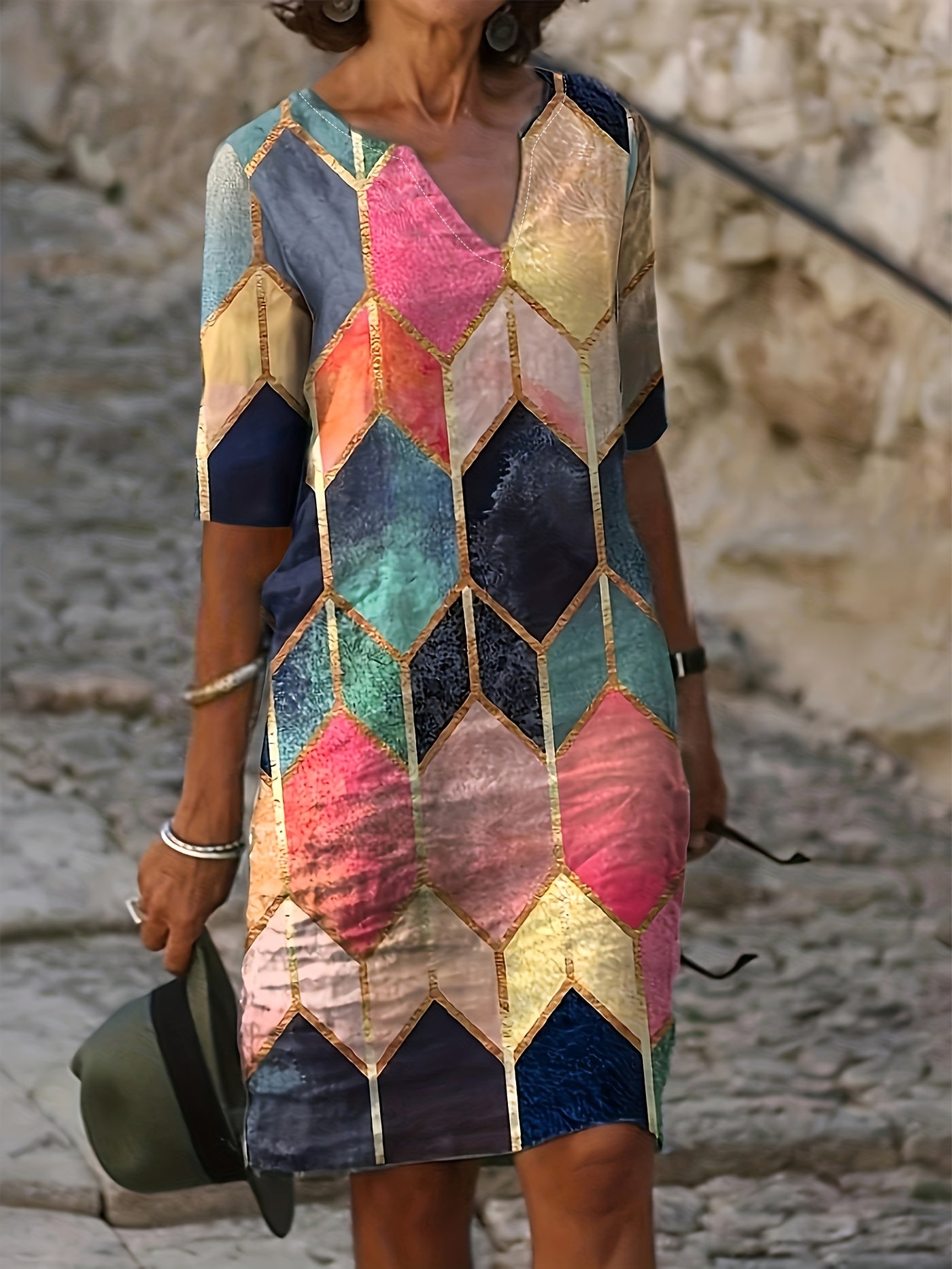 Multicolor Printed V-Neck Flowy Dress - Loose Fit & Crop Sleeves for Spring/Fall - Mature Style, Waist Emphasizing, Perfect Womens Wardrobe Staple