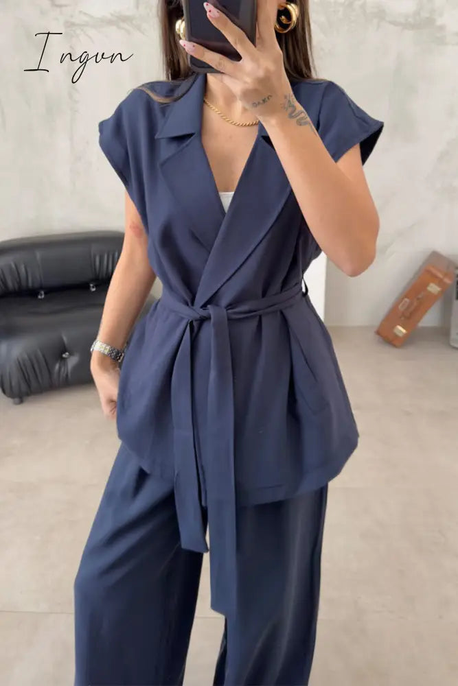 Ingvn - Casual British Style Solid Frenulum Turn-back Collar Sleeveless Two Pieces
