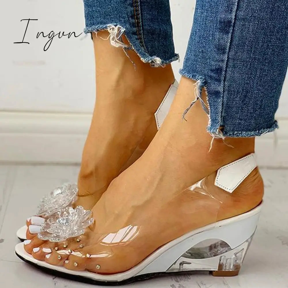 Ingvn - Studded Flower Design Transparent Wedge Sandals