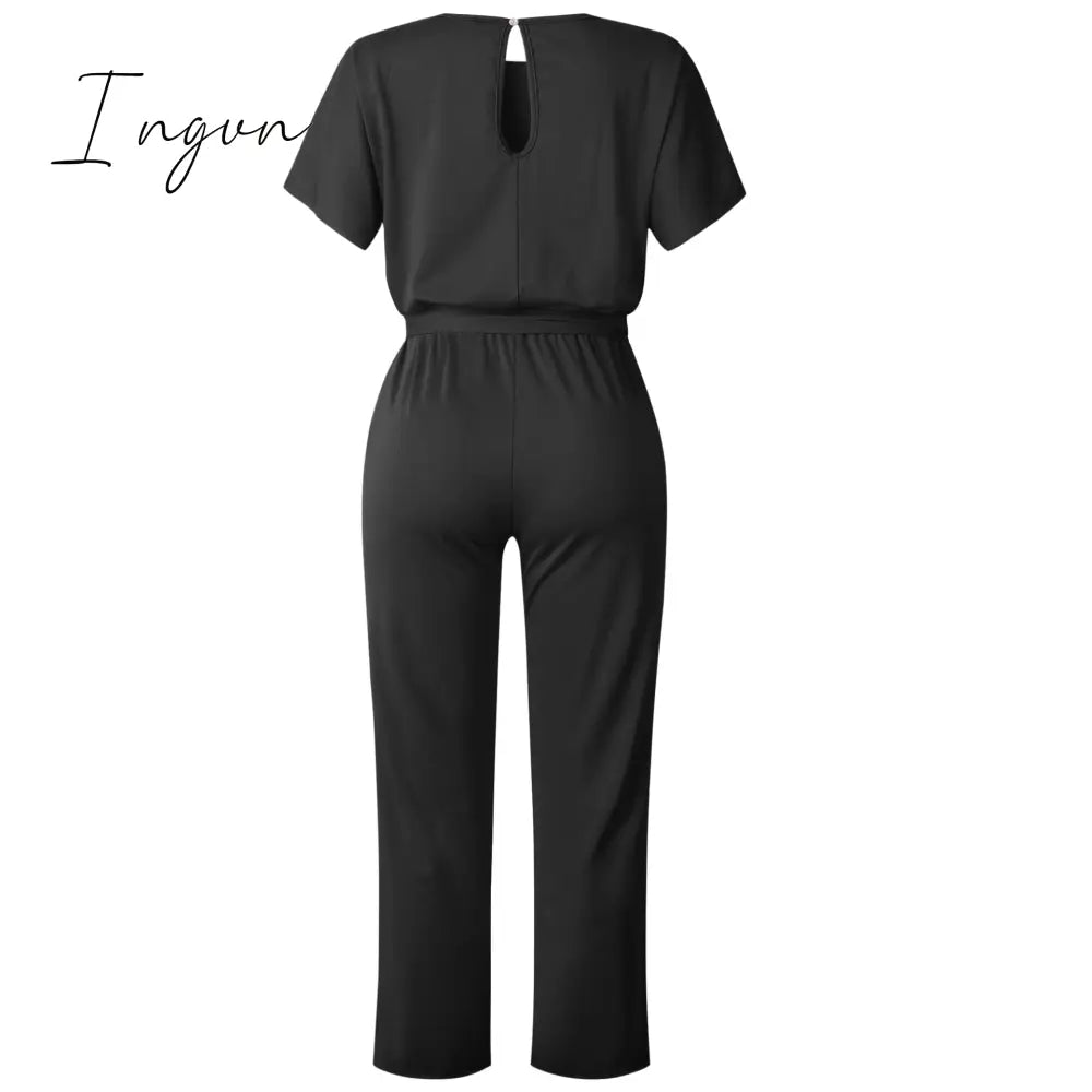 Ingvn - Women Summer Jumpsuit Short Sleeve Elegant jumpsuit Long wide leg Pants High waist Casual Bodysuit Plus Size Overalls Loose