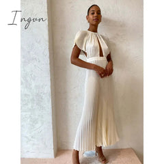 Ingvn - Casual Hollow Out Pleated Dress For Women Fashion Flare Sleeve Backless A Line Dresses Spring summer O Neck Office Lady dress