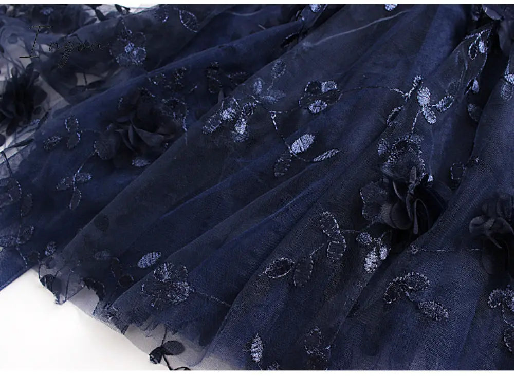 Ingvn - Luxury Woman Skirts Korean style Fashion Elastic Waist Appliques Embroidery Floral Mesh Skirt Long Gauze Ball Gown Skirt