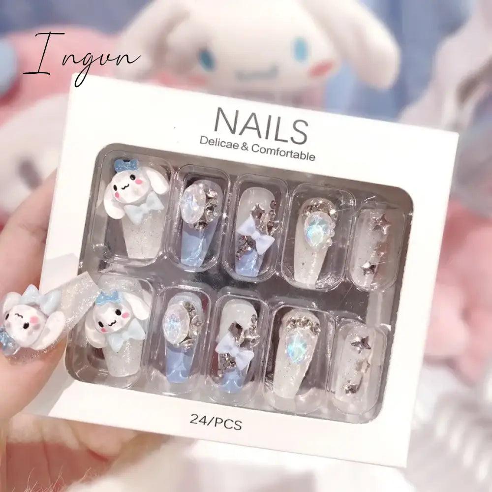 24PCS/Set Long Oval False Nails 3D Heart Sparkling French Press On Nails Pink Full Cover Fake Nail Crystal Gem Design Nails Tips