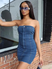 Ingvn - Blue Strapless Denim Mini Dress Women Sexy Off Shoulder Backless Y2K Sheath Tube Dresses Streetwear Club Party Outfits
