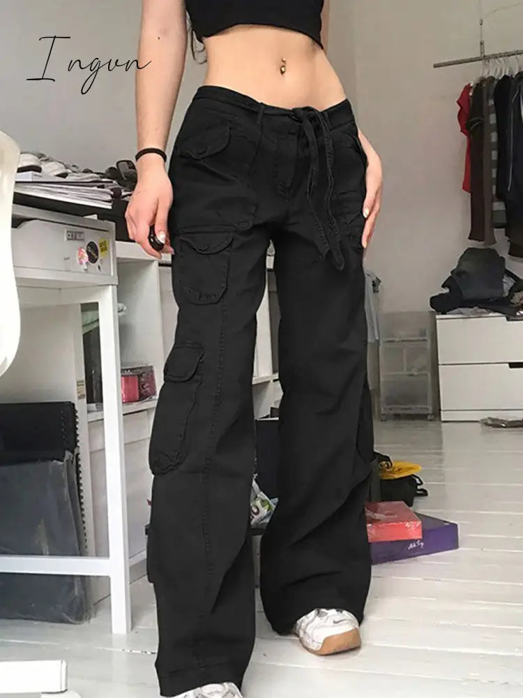 Ingvn - Fashion Women's Jeans Y2K High Street Waist Denim Trousers Drawstring Waist Flap Pocket  Baggy Jeans Loose Women's Classic Pants