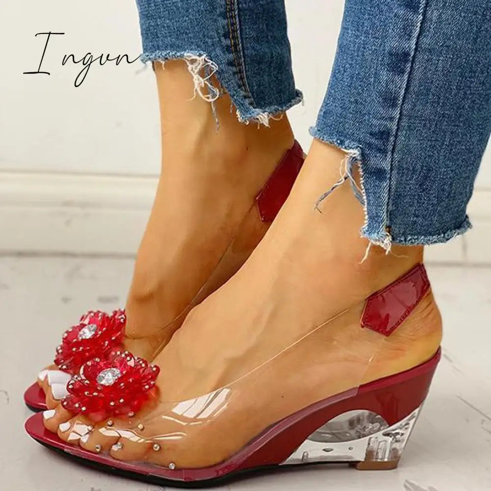 Ingvn - Studded Flower Design Transparent Wedge Sandals