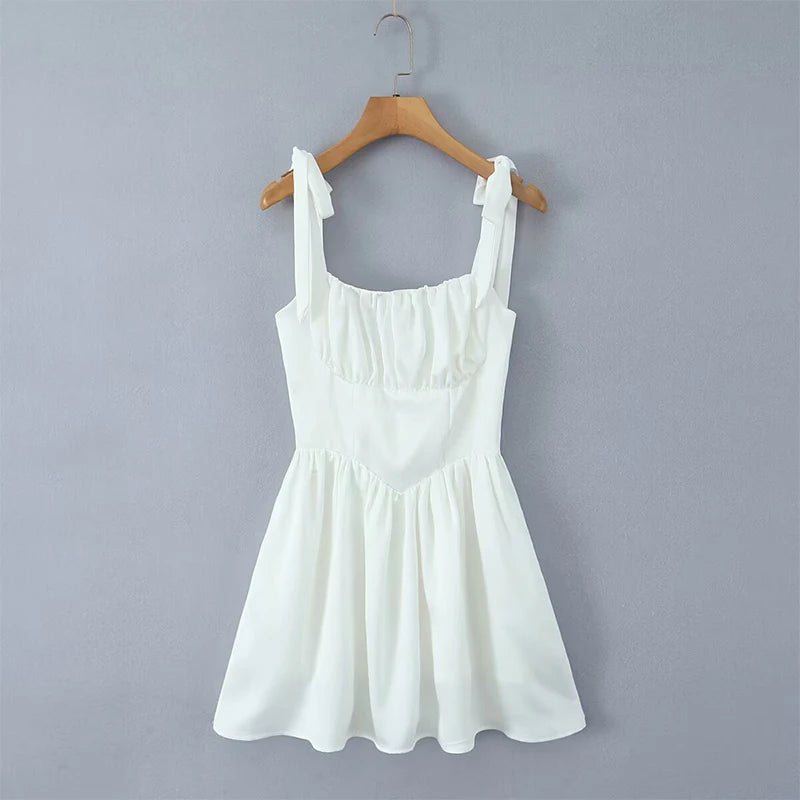 4 Color Sexy Spaghetti Straps Mini Dress Women Low Waist A-line Holiday Summer Party Dresses French Style Lace Up Robe