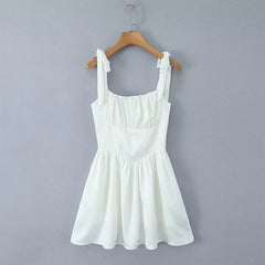 4 Color Sexy Spaghetti Straps Mini Dress Women Low Waist A-line Holiday Summer Party Dresses French Style Lace Up Robe