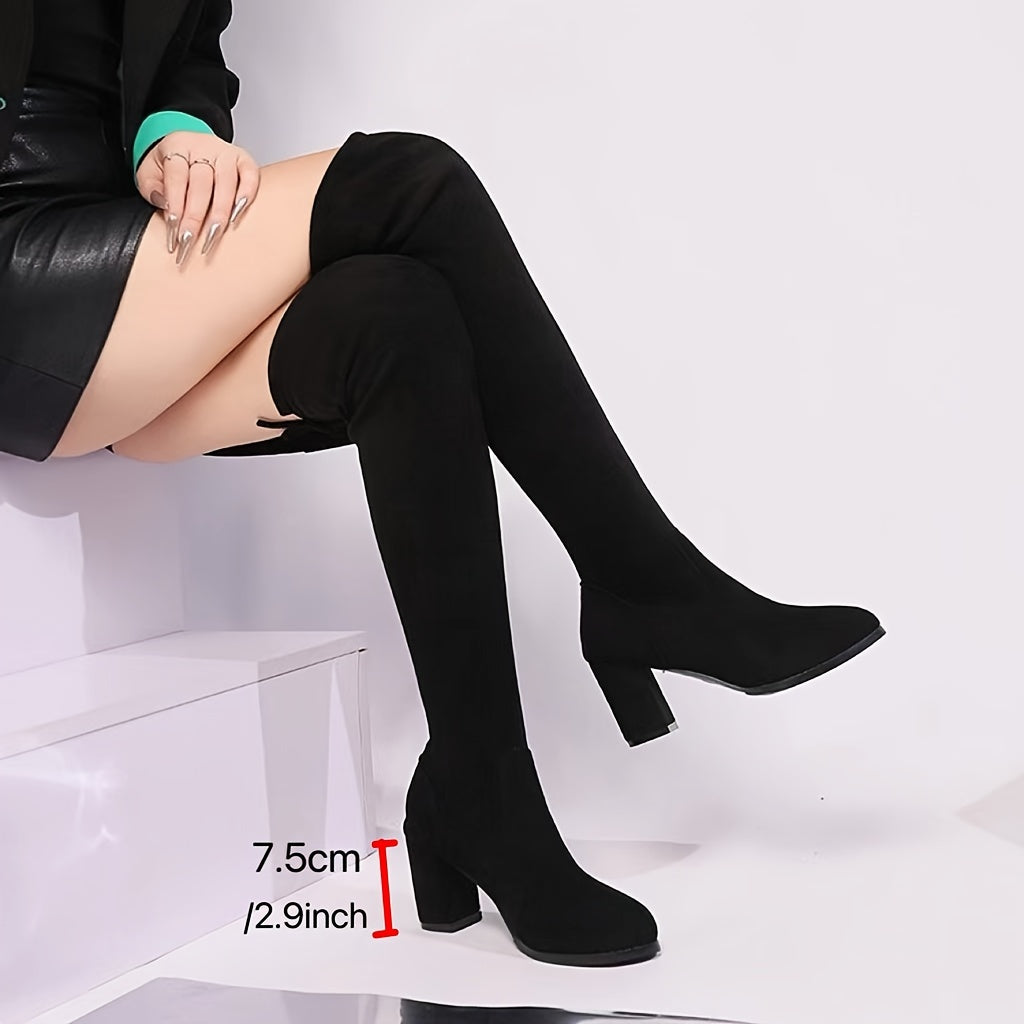 Women's Knee-High Boots , Elegant Solid Color, Stretchy Thigh-High Heels, Chunky Sole, Velvet Fabric, Fabric Lining, Rubber Sole, No Print, High Heel, Slip-On, Regular Toe Design, Winter Fashion