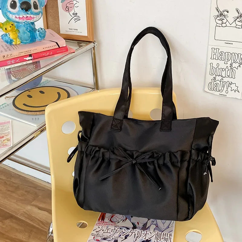 Ingvn  Elegant Bow Womens Shoulder Bag Nylon Pleated Korean Style Fashion Tote Bag Large Capacity Cute Pink Sweet Female Handbag
