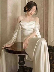 Elegant Korean Silk Midi Dress Women Spring Vintage Backless Party Dress French Evening Casual Dress Female Design Wedding
