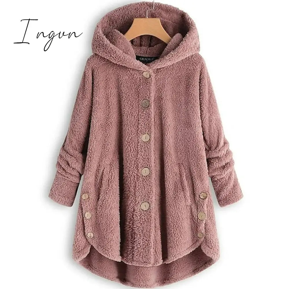 Ingvn - Women's Fleece Jacket Pullover Sherpa Fleece Teddy Button Front Pocket claret turmeric Black Solid Color Street Hoodie Plus Size Long Sleeve Fleece
