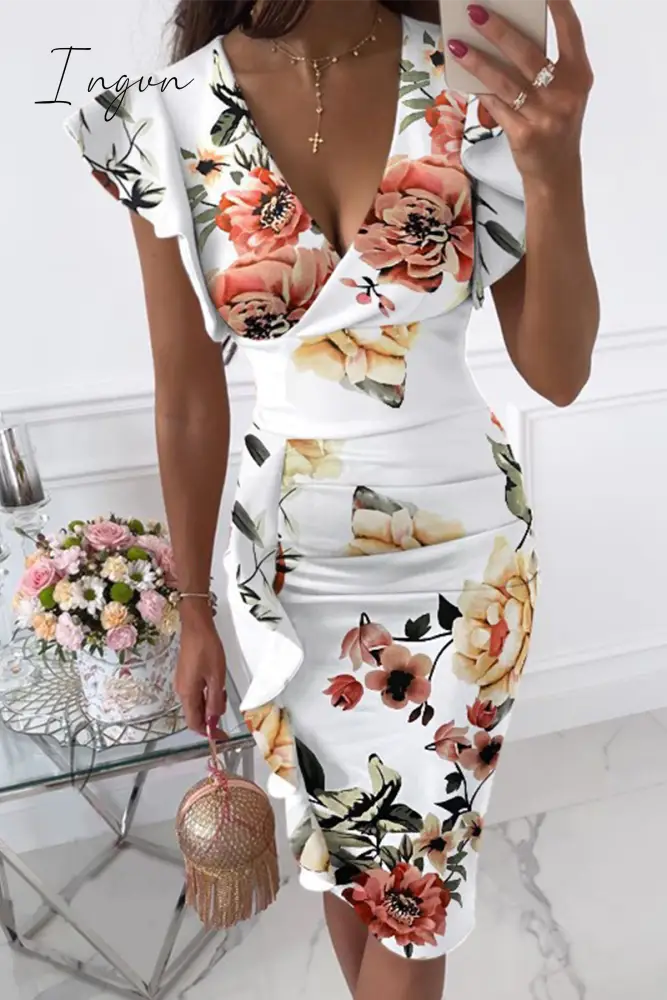 Ingvn - Fashion Elegant Solid Flounce Fold V Neck Wrapped Skirt Dresses(9 colors)